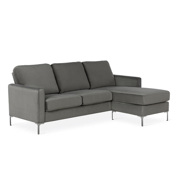Novogratz Chapman Reversible Sectional Sofa and Floating Ottoman with Chrome Metal Legs, Gray Velvet