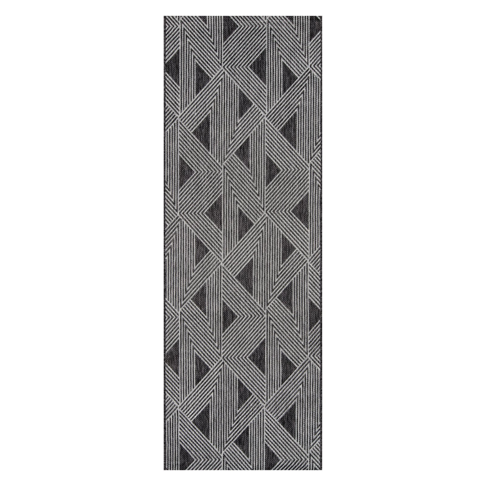 Contemporary Geometric Black Synthetic 2'7" x 7'6" Runner Rug
