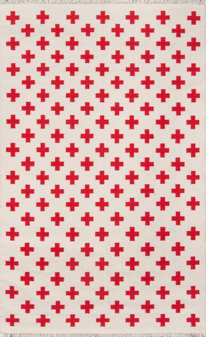 Ivory and Red Geometric Wool Runner Rug, 2'3" x 8'