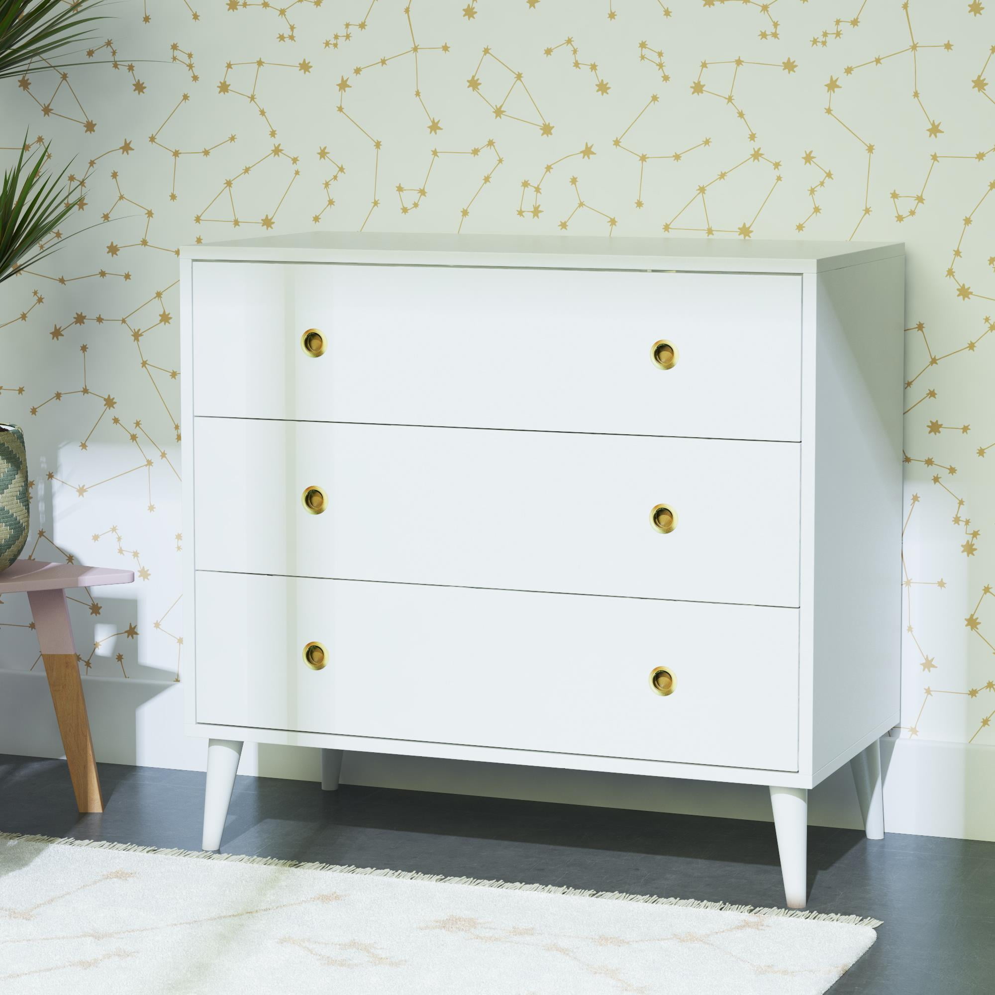 White Mid-Century Modern Pine Wood 3-Drawer Dresser