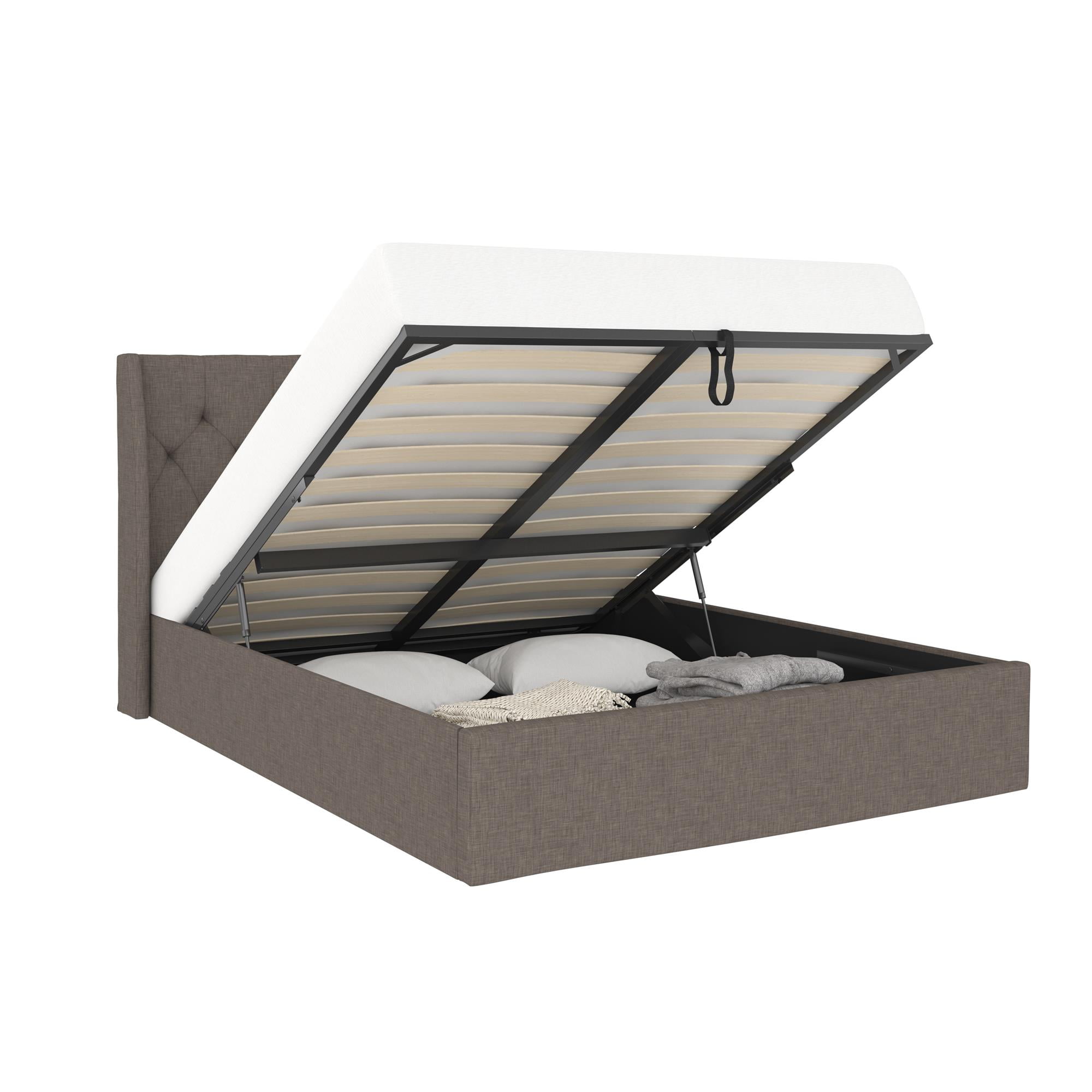 Novogratz Her Majesty Gas Lift Up Storage Bed Frameâ , Queen, Light Gray Linen
