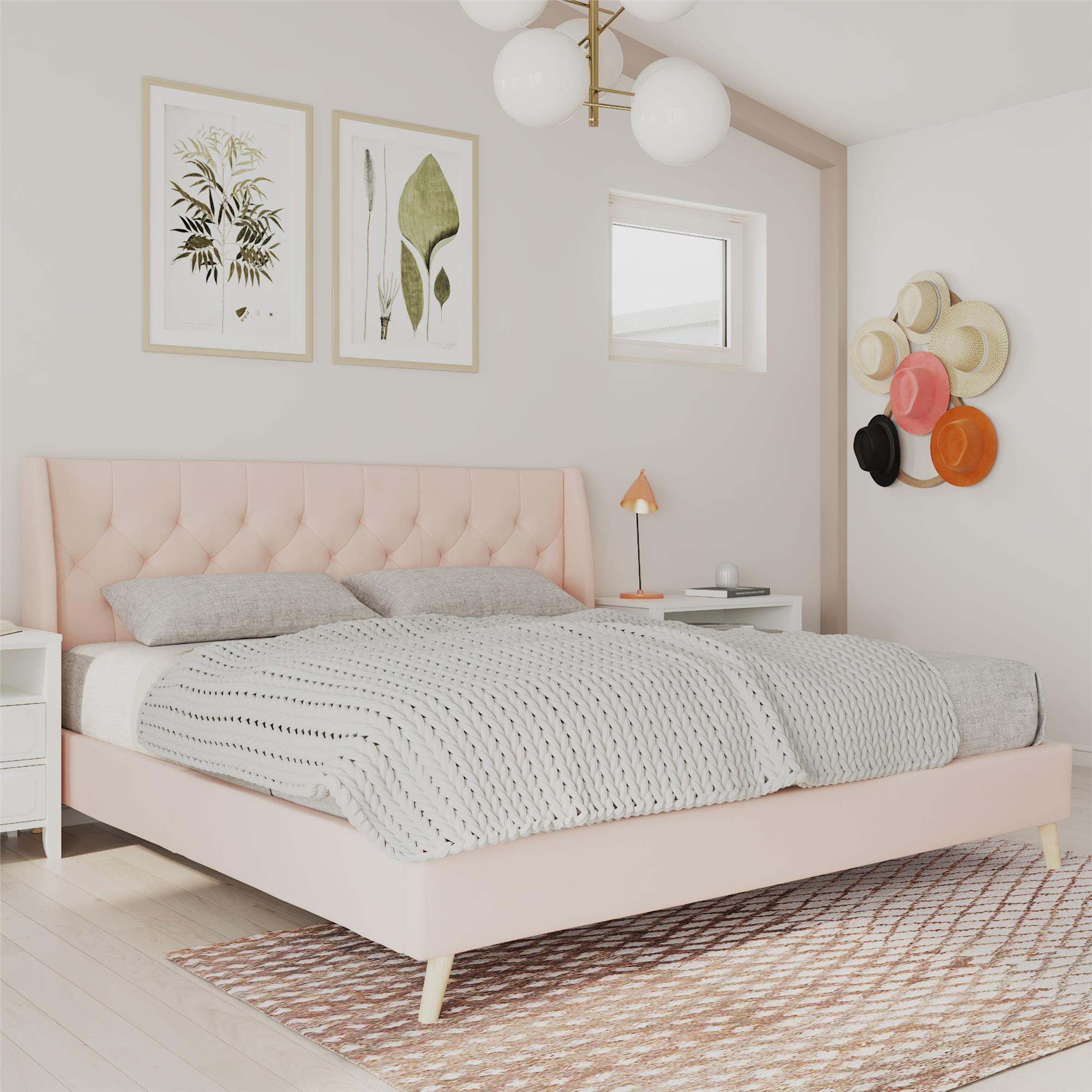 Novogratz Her Majesty Tufted Upholstered Bed Frame, King, Pink Linen