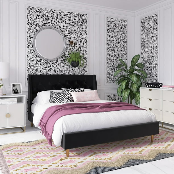 Novogratz Her Majesty Tufted Upholstered Bed Frame, Queen, Black Velvet