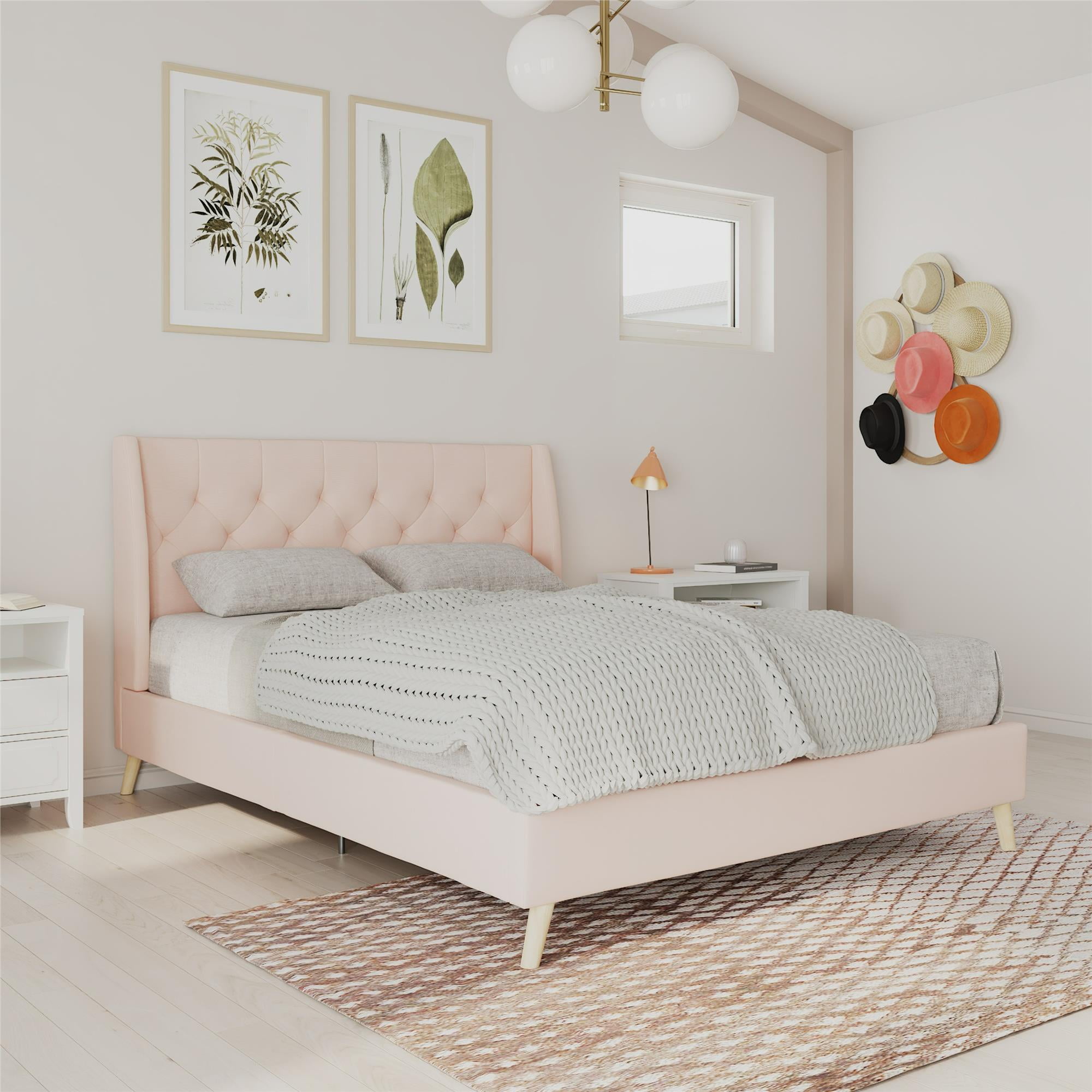 Elegant Gray Linen Upholstered Queen Platform Bed with Tufted Headboard