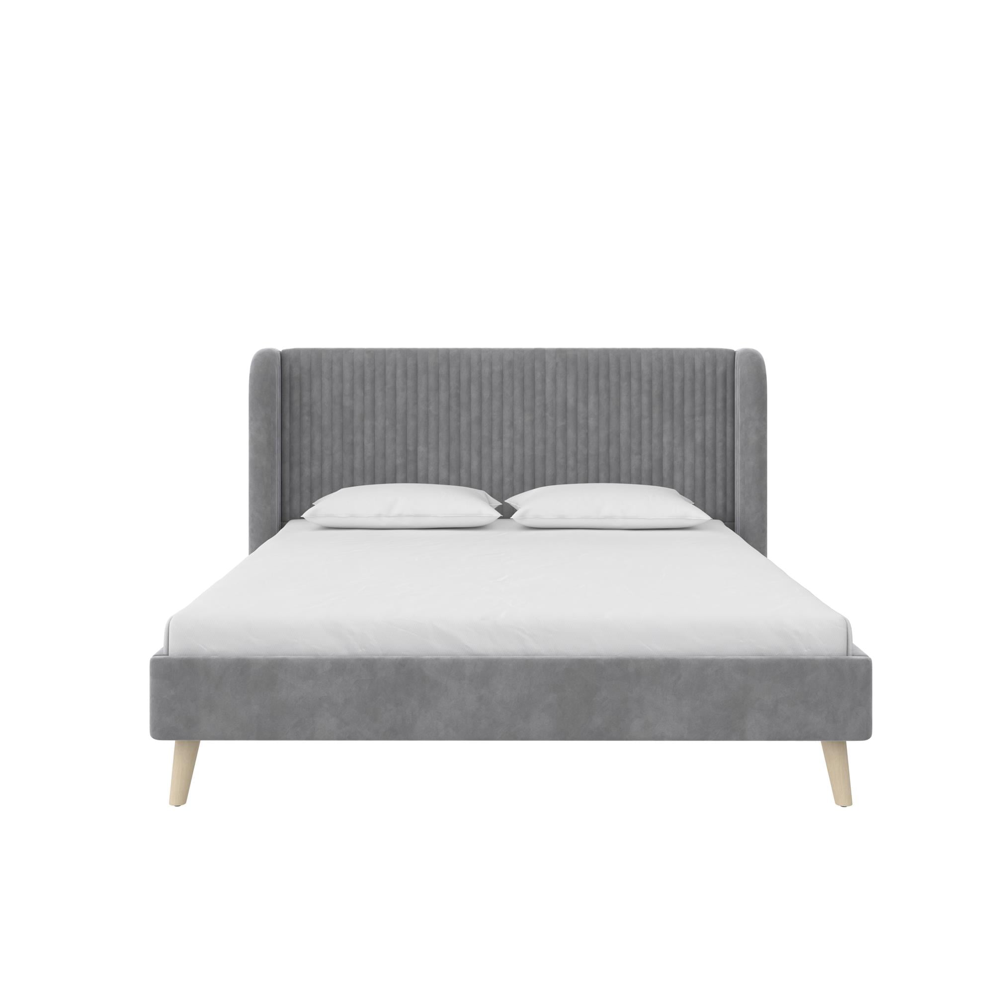 Light Gray Velvet Queen Wingback Bed with Tufted Upholstery