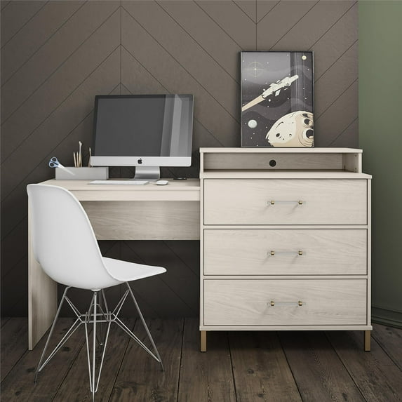 Novogratz Kalissa Dresser/Desk Combo with Wireless Charger, White Oak with Gold