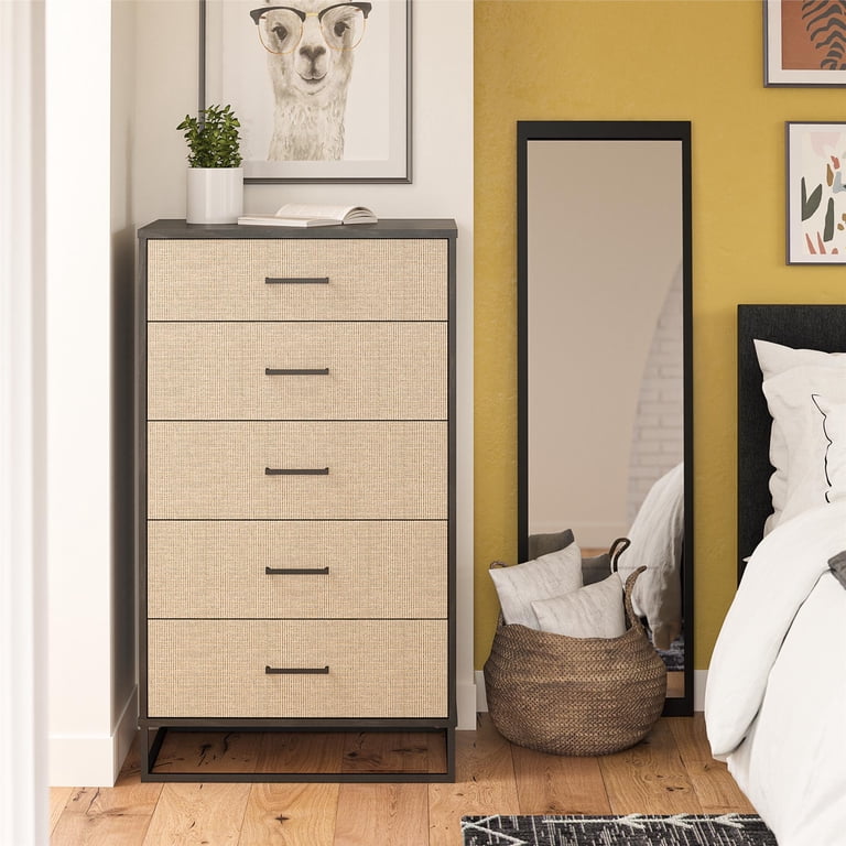 Novogratz Kelly 5 Drawer Dresser, Faux Rattan & Black Oak