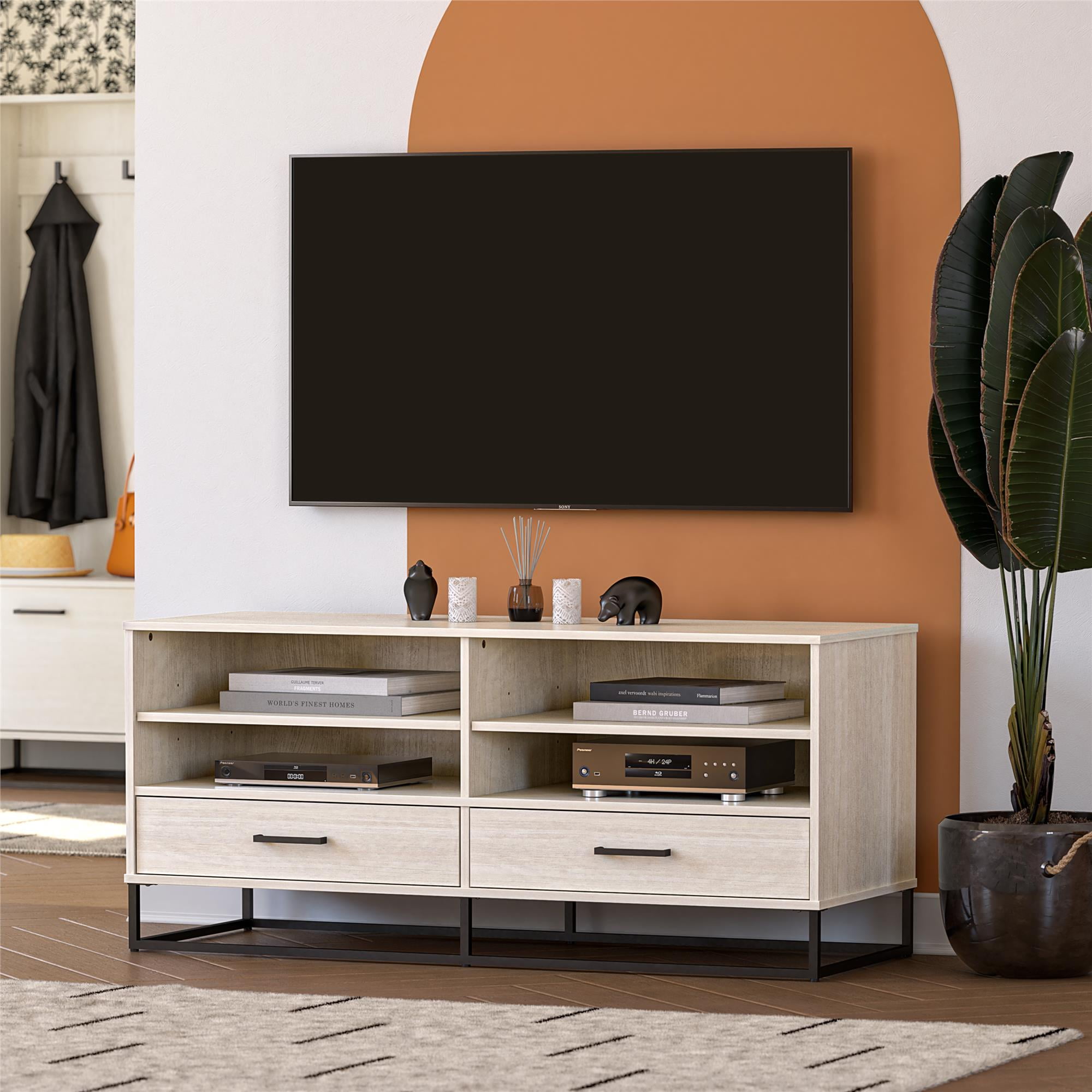 White Engineered Wood TV Stand with Adjustable Shelves and Metal Handles