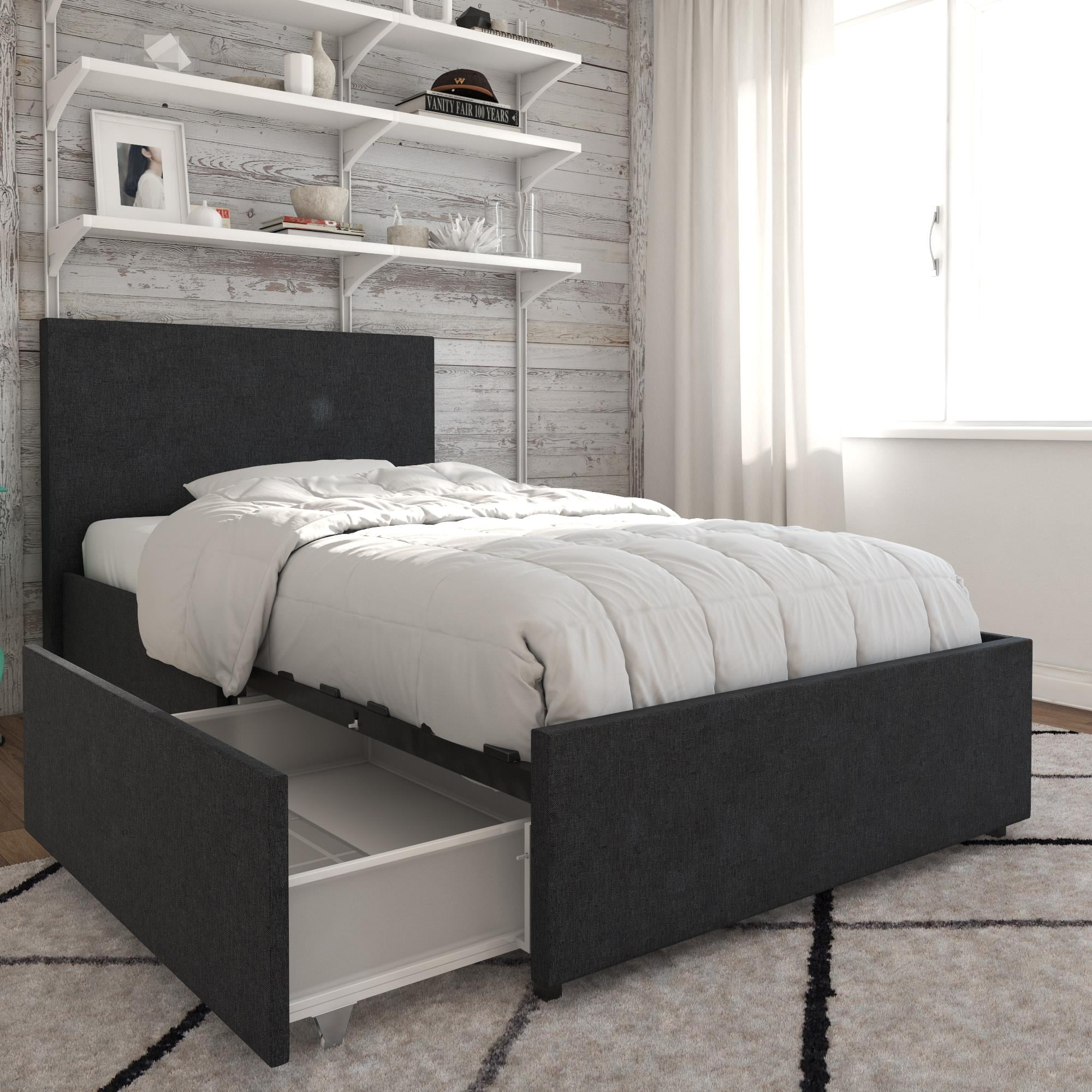 Novogratz Kelly Upholstered Bed with Storage, Dark Grey Linen, Twin