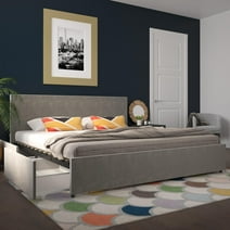 Novogratz Kelly Upholstered Bed with Storage Drawers, Light Gray Velvet, King Size Frame