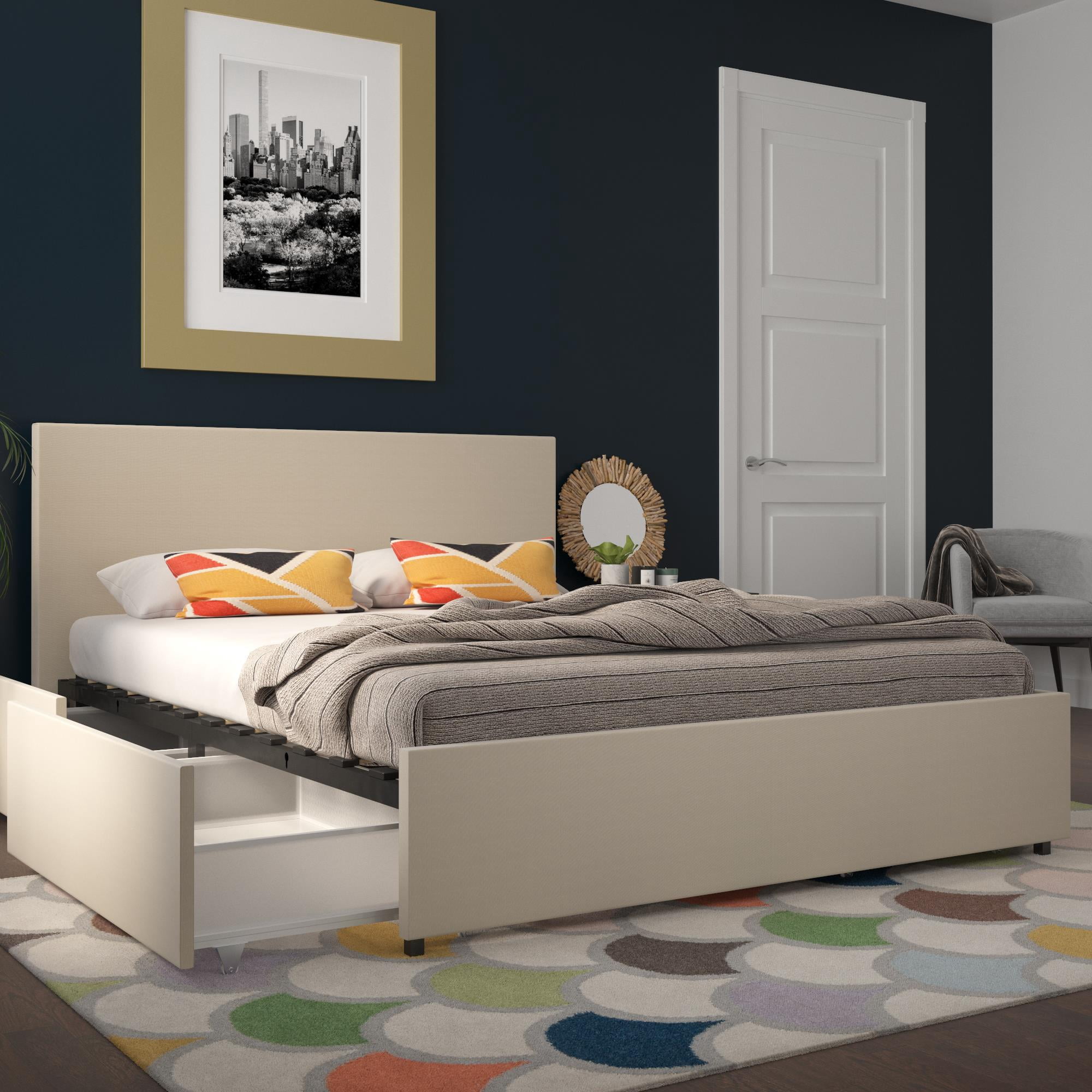 Novogratz Full Size Contemporary Linen Upholstered Beds, Ivory