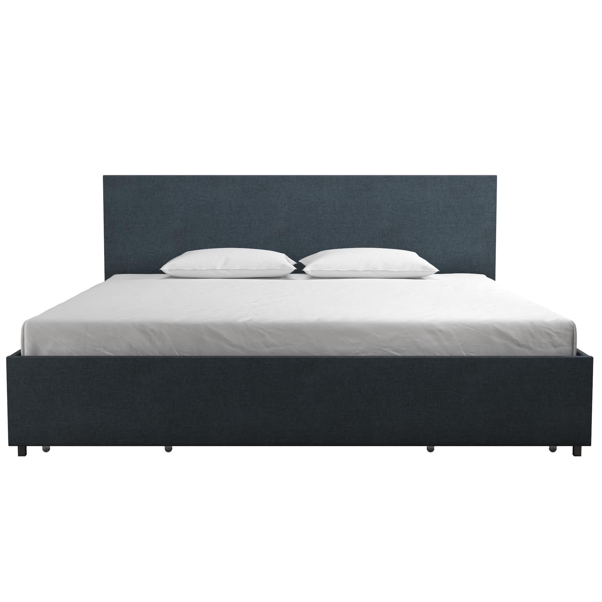 Novogratz Kelly Upholstered Storage Bed Frame, King, Navy Blue Linen