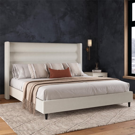 Novogratz Louis Upholstered Bed Frame with High Tufted Headboard, King, Textured Ivory Canvas