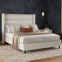 Novogratz Louis Upholstered Bed Frame with High Tufted Headboard, Queen, Textured Ivory Canvas