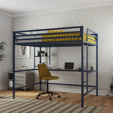 Novogratz Maxwell Metal Full Loft Bed with Desk & Shelves, Navy/Black