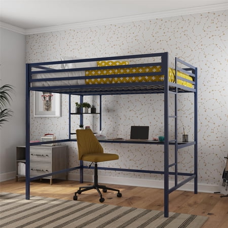 Novogratz Maxwell Metal Full Loft Bed with Desk & Shelves, Navy/Black