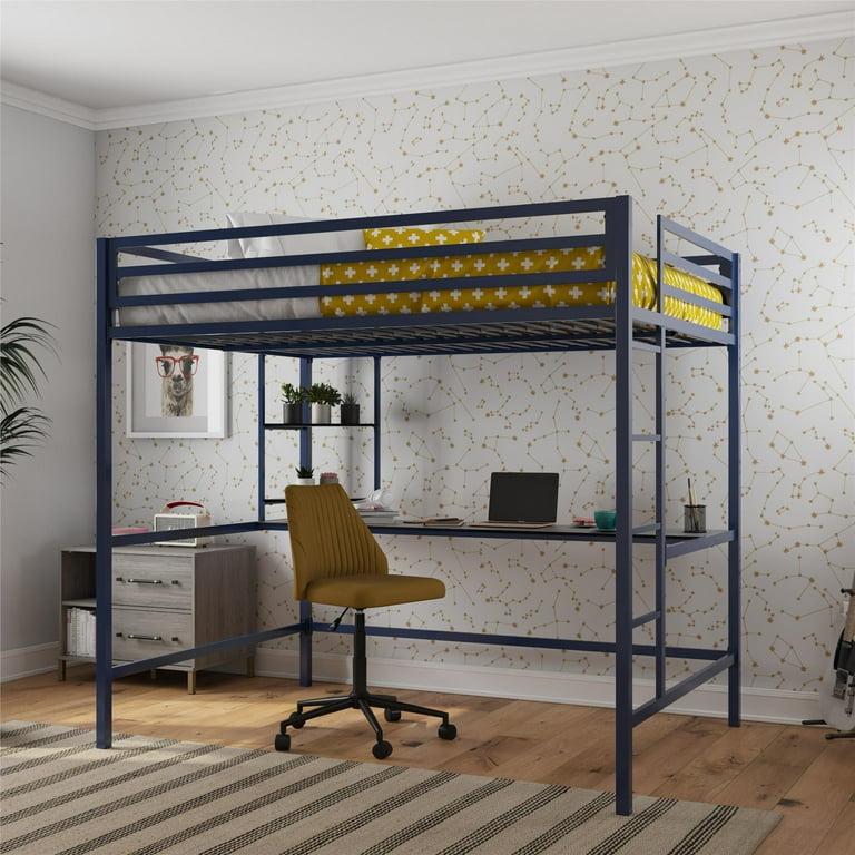 Novogratz Maxwell Metal Full Loft Bed with Desk & Shelves, Navy