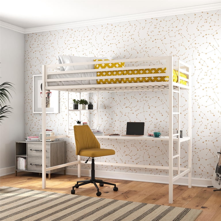 Novogratz Maxwell Metal Twin Loft Bed with Desk & Shelves, Off