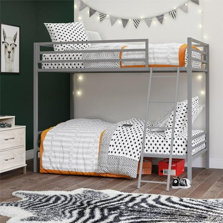 Novogratz Maxwell Twin-Over-Twin Metal Bunk Bed with Ladder and Guardrails, Easy Assembly, Grey