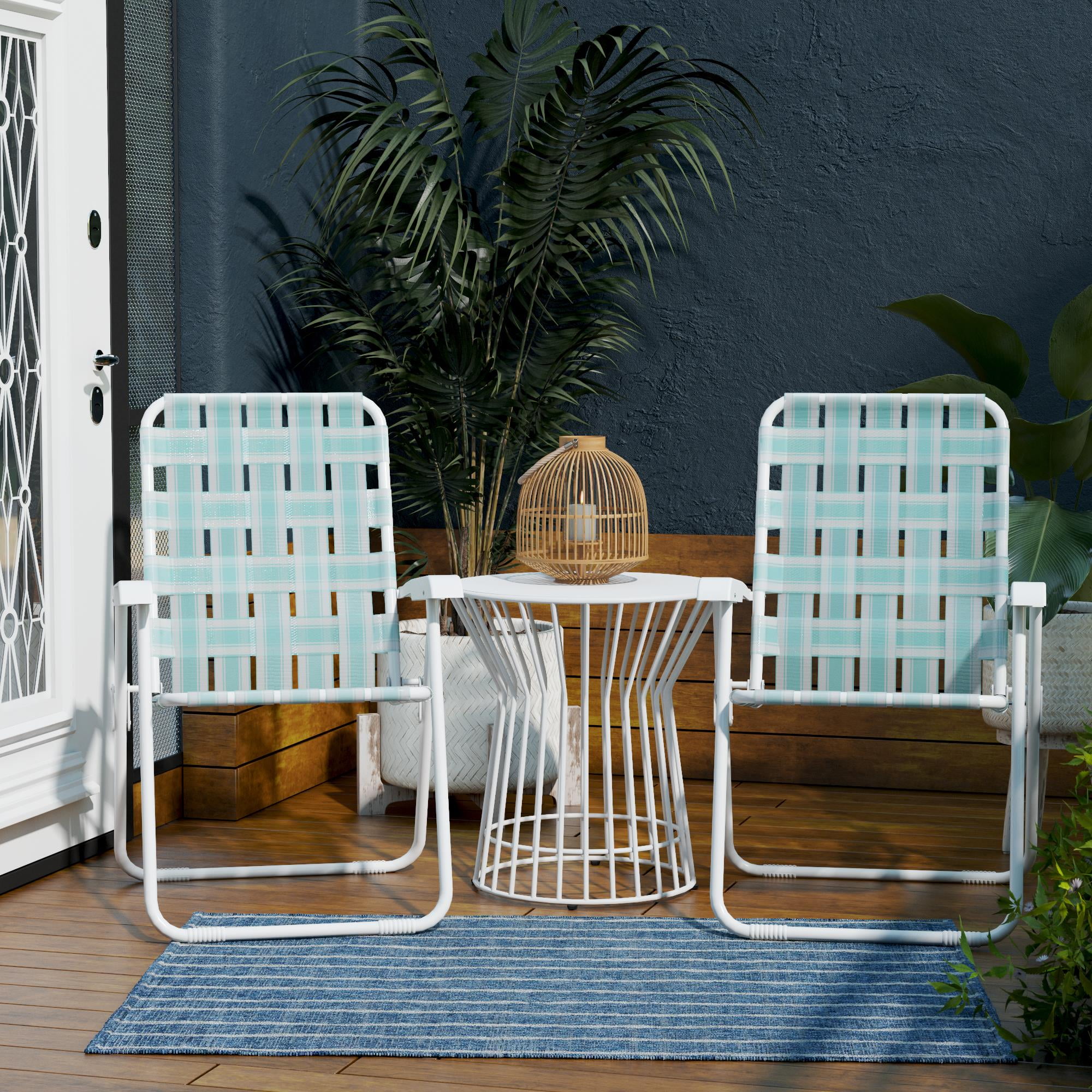 Teal and White Folding Patio Dining Chairs, Set of 2