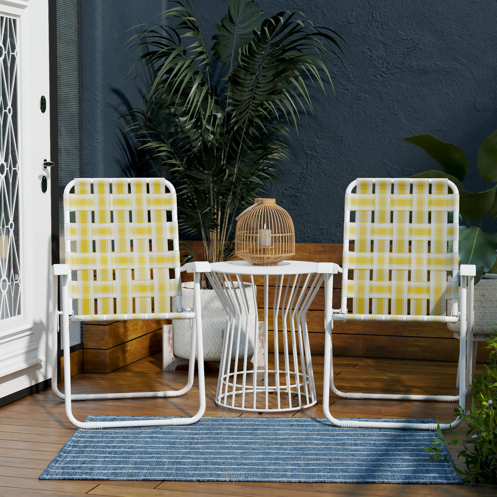 Yellow and White Folding Patio Chairs with Steel Frame, Set of 2