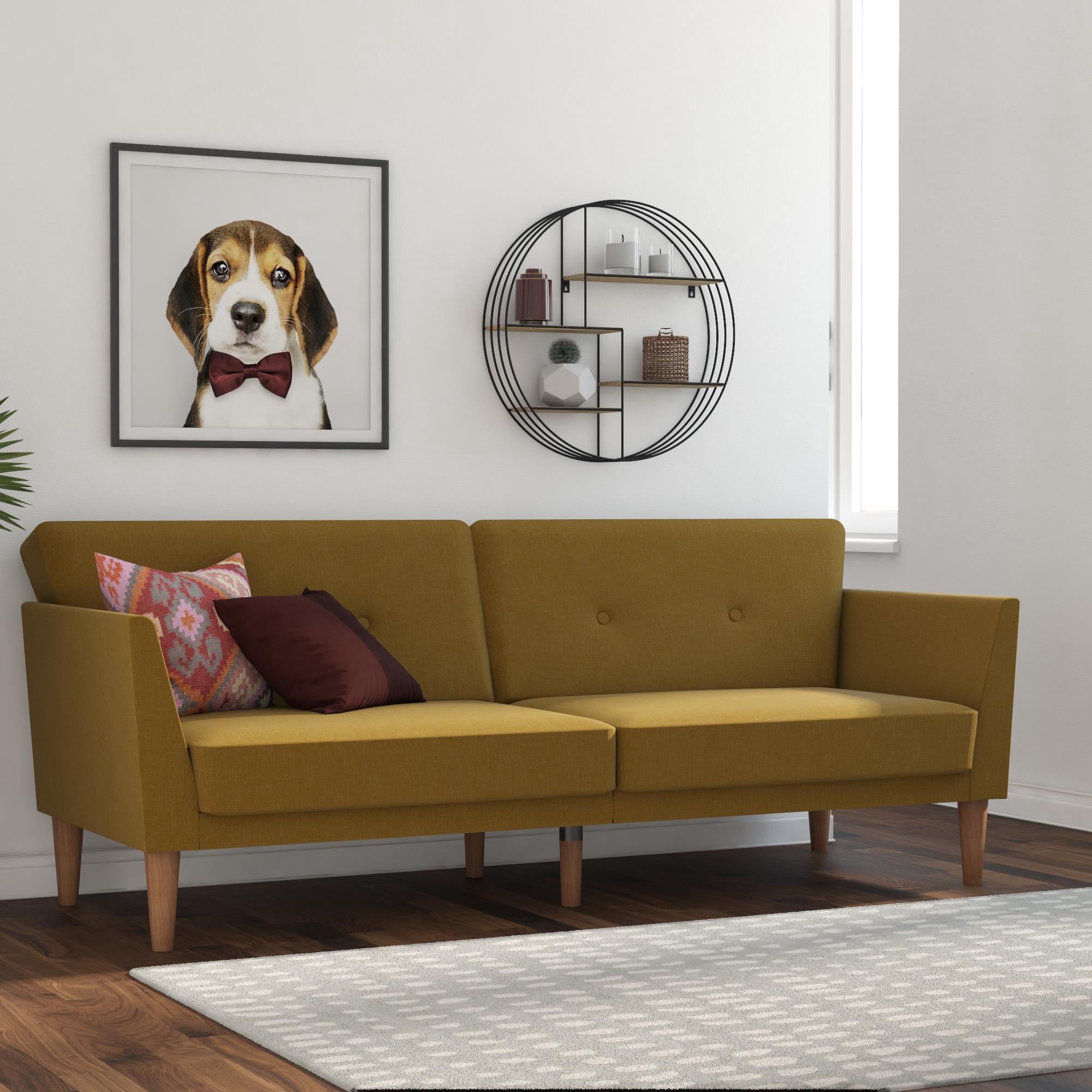Novogratz Regal Futon, Mid-Century Sofa Bed, Mustard Yellow Linen