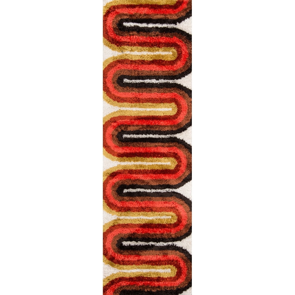 Retro Red and Yellow Hand-Tufted Shag Runner Rug