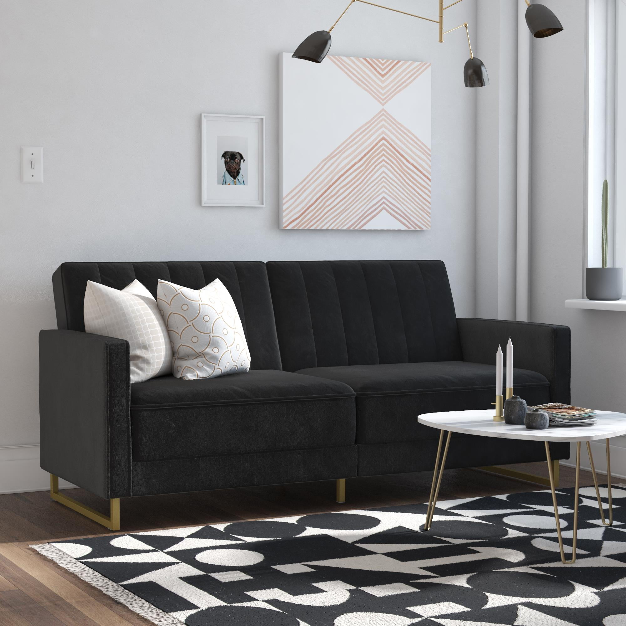 Skylar Black Velvet Tufted Convertible Sofa with Gold Legs