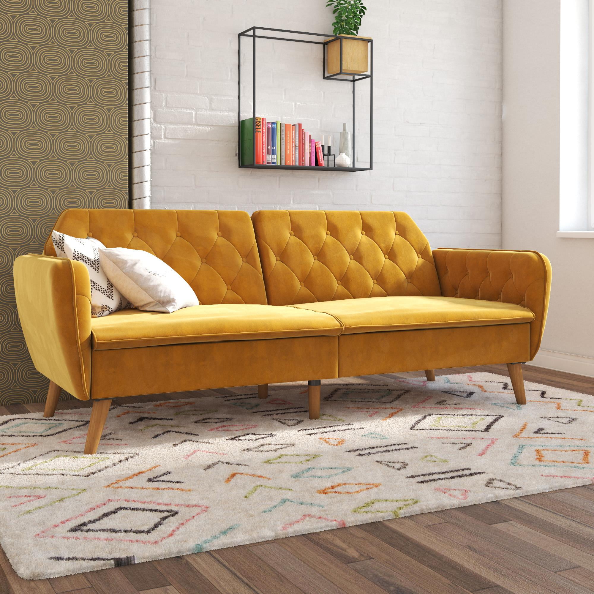 Novogratz Tallulah Memory Foam Futon and Couch, Mustard Yellow Velvet