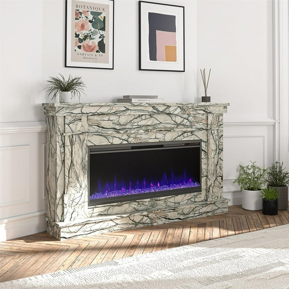 Novogratz Waverly Wide Mantel with Linear Electric Fireplace & Crystal Ember Bed, Onyx Marble