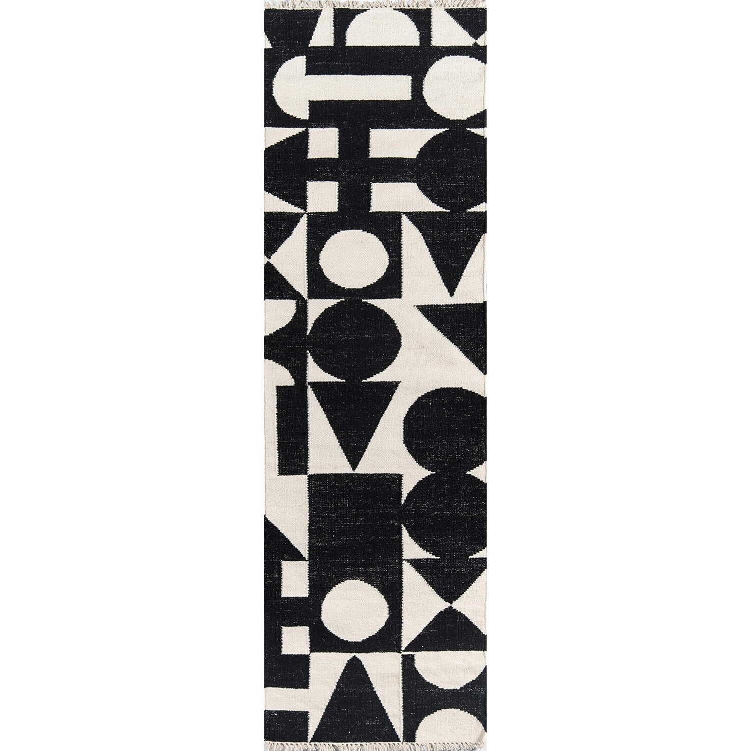 Black and White Geometric Wool Handmade Runner Rug