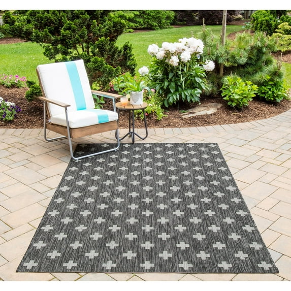 Novogratz by Villa Umbria Indoor Outdoor Rug Charcoal 6'7" x 9'6" 7' x 9' Outdoor, Indoor Grey Rectangle