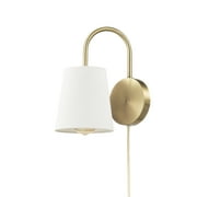 Novogratz x Globe 1-Light Matte Brass Hardwire or Plug-in Indoor Wall Sconce, White Textured Shade