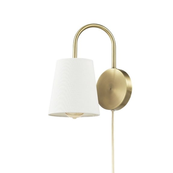 Novogratz x Globe 10.5 Inch Matte Brass Wall Sconce with Textured White Fabric Shade for Bedroom