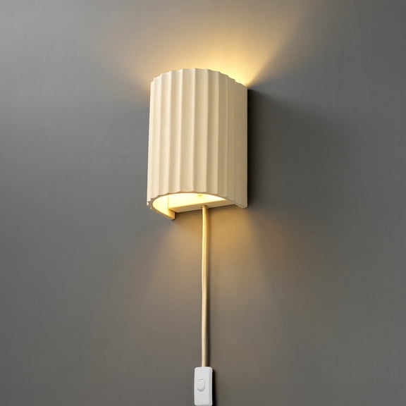 Novogratz x Globe 1-Light Plug-In or Hardwire Wall Sconce, Cream, In-Line Rocker Switch, 6ft Cream Fabric Cord, Half Shade, Up/Down Light