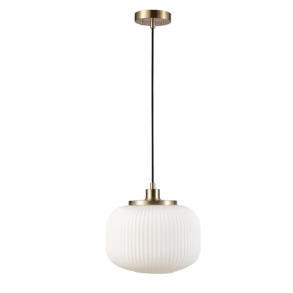 Novogratz x Globe Lily 1-Light Matte Brass Pendant Lighting with Frosted Ribbed Glass Shade