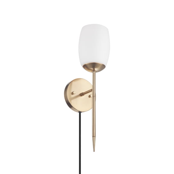 Novogratz x Globe Raoul 1-Light Matte Brass Plug-In or Hardwire Wall Sconce with Opal Glass Shade, 51635