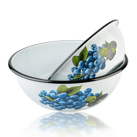 Novomoskovsjka Posuda Blueberry Enamel Serving Bowl Set of 2 pcs Shatterproof Enameled Steel Fruit and Salad Bowls for Cooking Enamel Mixing Bowl for Indoor and Outdoor Use Metal Bowls, White Blue