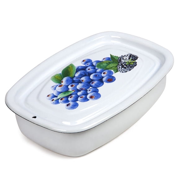 Novomoskovsjka Posuda Blueberry Enamel Tray with Lid 1.6 Qt (1.5 L) Enameled Steel Food Storage Container for Kitchen Enamelware Vintage Style, White and Blue