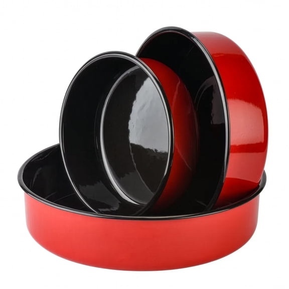 Novomoskovsjka Posuda Enamel Cake Pan Set of 3 Round Baking Dishes Roasting Pans, Red and Black