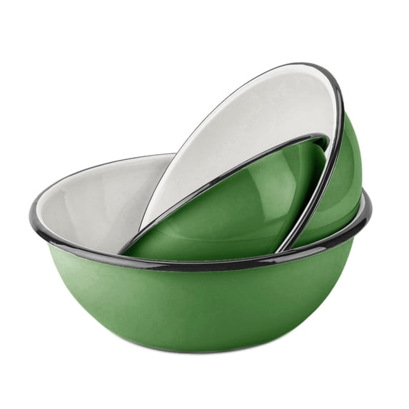 Novomoskovsjka Posuda Enamel Serving Bowl Set of 3 pcs Shatterproof Enameled Steel Fruit and Salad Bowls for Cooking Enamel Mixing Bowl for Indoor and Outdoor Use, Green Grass