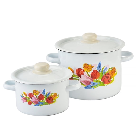 Novomoskovsjka Posuda Enamel Stockpot Set of 2 pcs 2.1 Qt (2 L)/4.8 Qt (4.5 L) Spring Bouquet Enameled Steel Stock Pot Set Cooking Pot Induction Pot Kitchen Pot Stock Pot Soup Pot
