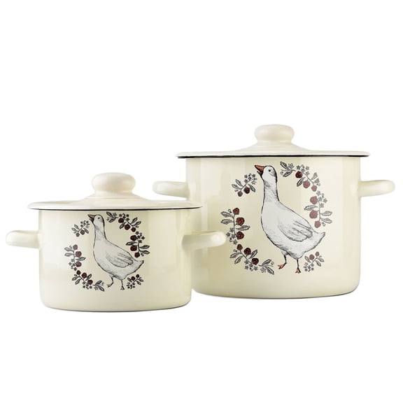 Novomoskovsjka Posuda Gusak Enamel Stockpot Set of 2 pcs 2.1 Qt (2 L)/4.8 Qt (4.5 L) Enameled Steel Stock Pots with Lids Cooking Pot Stock Pot Set Induction Pot Kitchen Pot Soup Pot