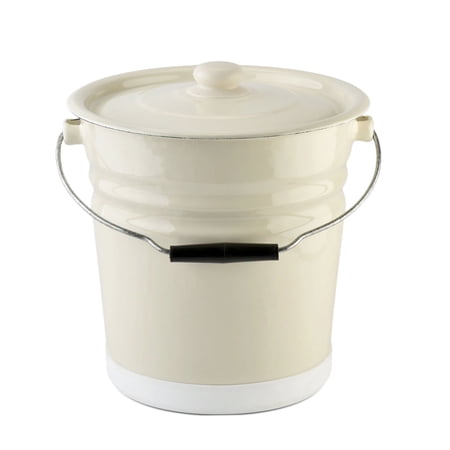 Novomoskovsjka Posuda Ivory Enamel Cylindrical Bucket with Lid and Plastic Bottom Protection 12.7 Qt (12 L) Enameled Steel Kitchen Pail for Pickling Storing Water Grains Tools