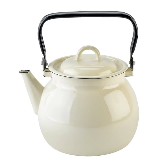 Novomoskovsjka Posuda Ivory Enamel Kettle with Metal Handle 3.7 Qt (3.5 L) Enameled Steel Stovetop Kettle Vintage Teapot for Stove Top