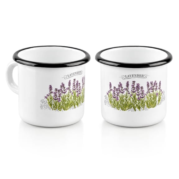 Novomoskovsjka Posuda Lavender Fields Enamel Mug Set of 2 pcs 13.5 fl oz (400 ml) Enameled Steel Camper Coffee Mug Travel Mug Shatterproof Tea Mug for Hot Beverages Latte Cocoa Chocolate