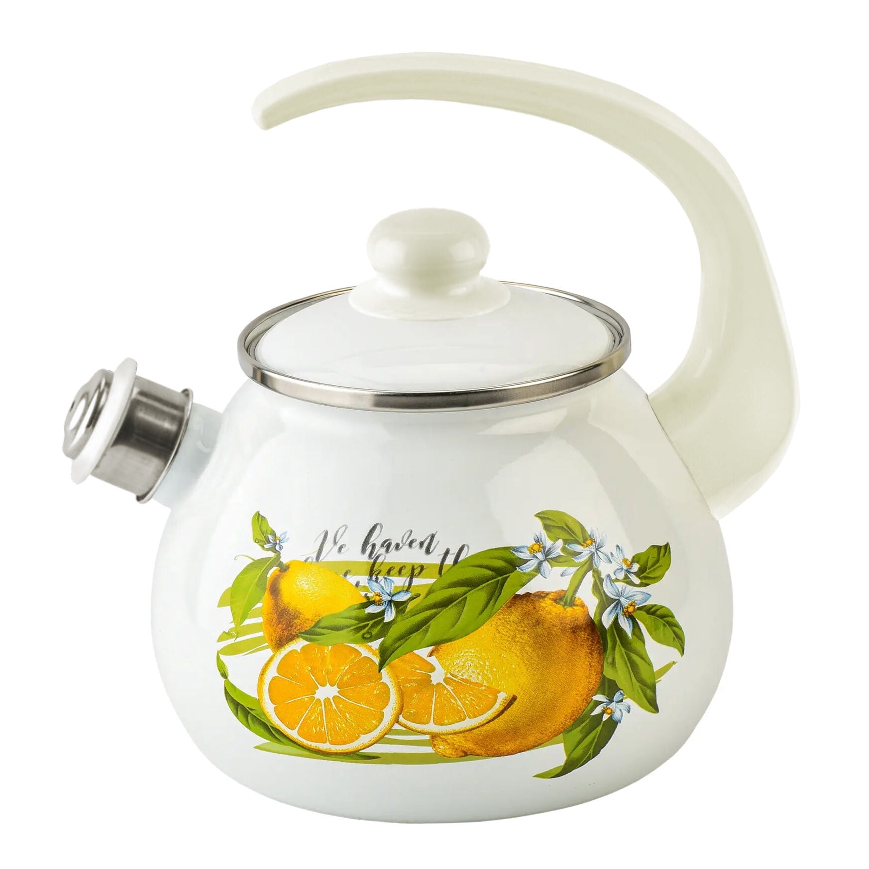 Novomoskovsjka Posuda Lemon Enamel Kettle with Whistle 2.7 Qt (2.5 L) Enameled Steel Stovetop Kettle with Ergonomic Handle Tea Kettle Tea Pot for Stove Top Enamelware Kitchen Kettle, White Yellow