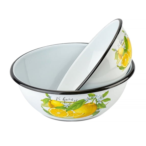 Novomoskovsjka Posuda Lemon Enamel Serving Bowl Set of 2 pcs Shatterproof Enameled Steel Fruit and Salad Bowls for Cooking Enamel Mixing Bowl for Indoor and Outdoor Use Metal Bowls, White Yellow