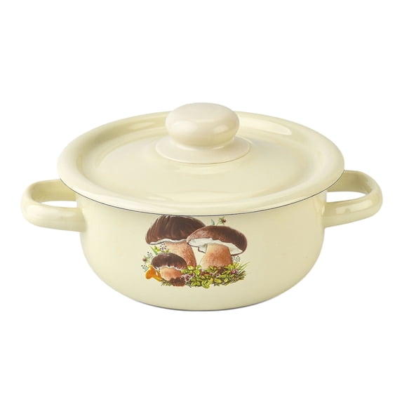 Novomoskovsjka Posuda Mushrooms Cylindrical Enamel Pot with Lid 1.6 Qt (1.5 L) Enameled Steel Stockpot Cooking Pot Induction Pot Enamelware Kitchen Pot Enamel Stock Pot Soup Pot