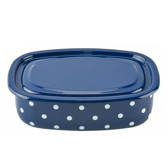Novomoskovsjka Posuda Polka Dot Enamel Food Storage Container with Lid Enameled Steel Container Enamelware Tray Kitchen Food Container, Navy Blue